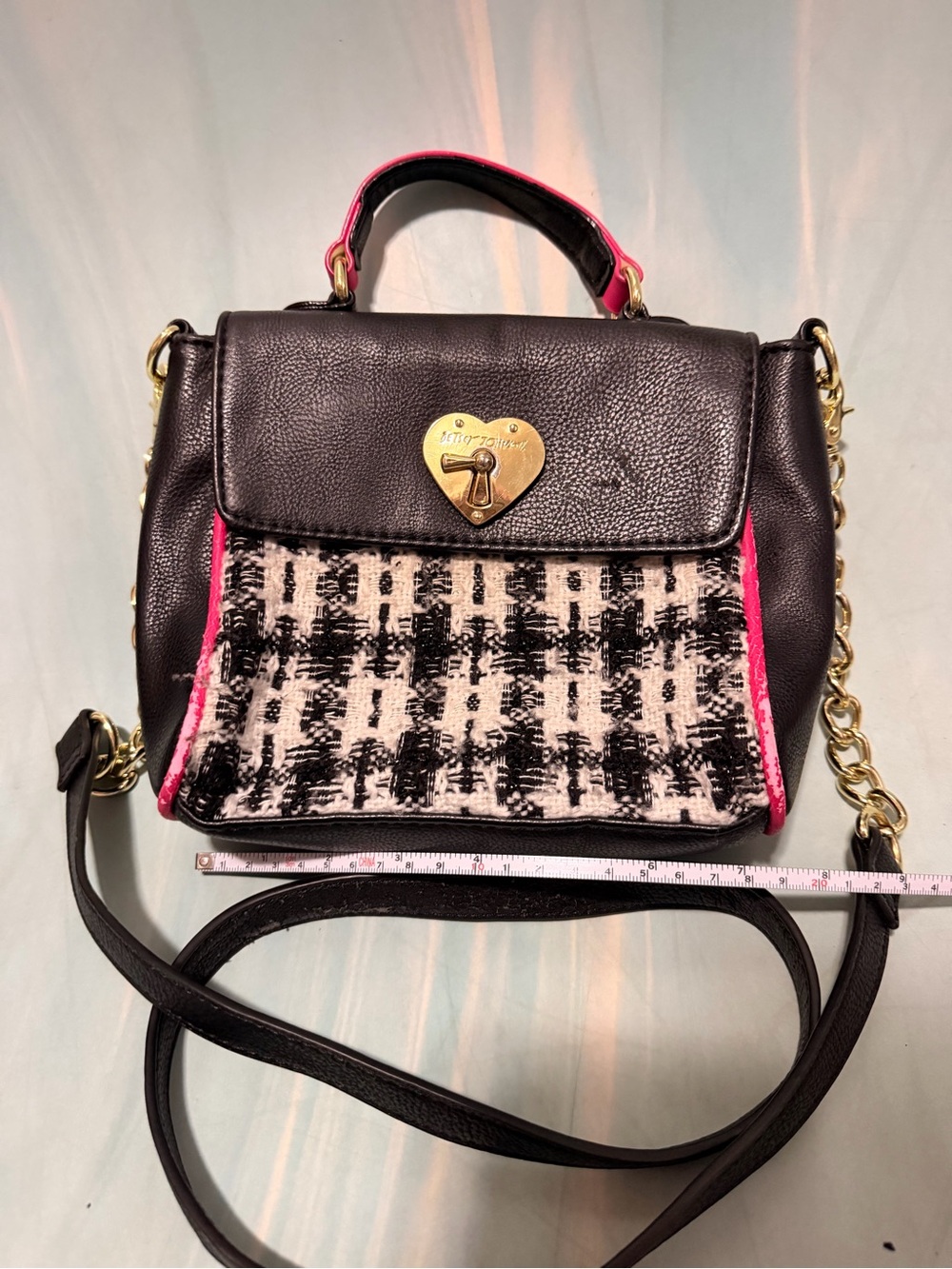 Betsey Johnson Black Faux Leather Crossbody with Pink Trim and Tweed Panel